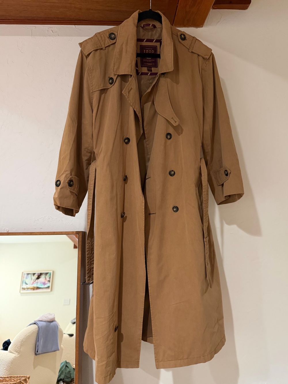Izod oversized Women's Tan Double-Breasted Nylon Trench Coat